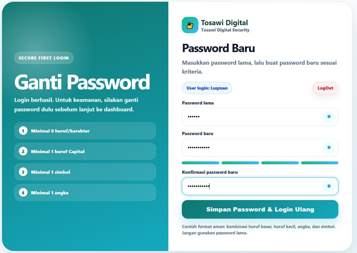 Screenshot ganti password setelah berhasil login reimbursement Tosawi Digital
