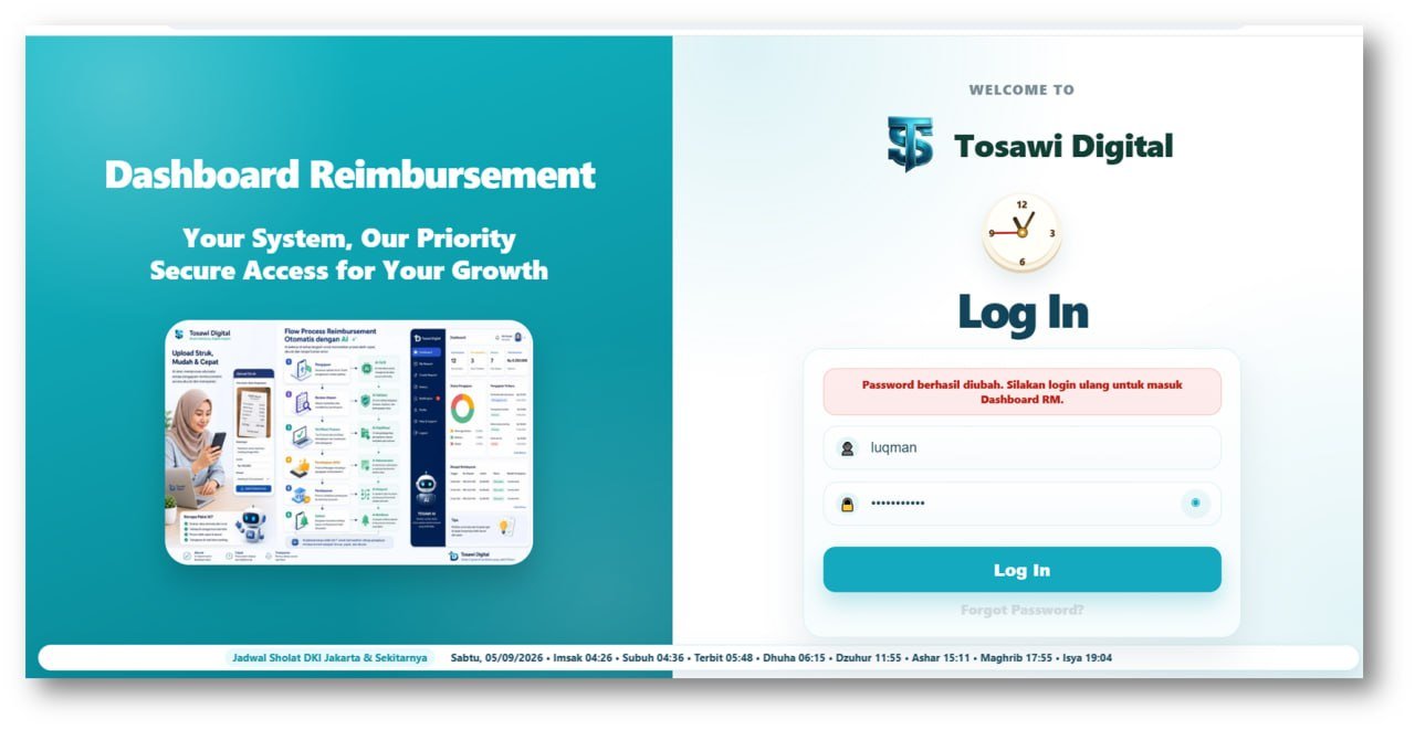Screenshot login ulang setelah berhasil ubah password lama reimbursement Tosawi Digital