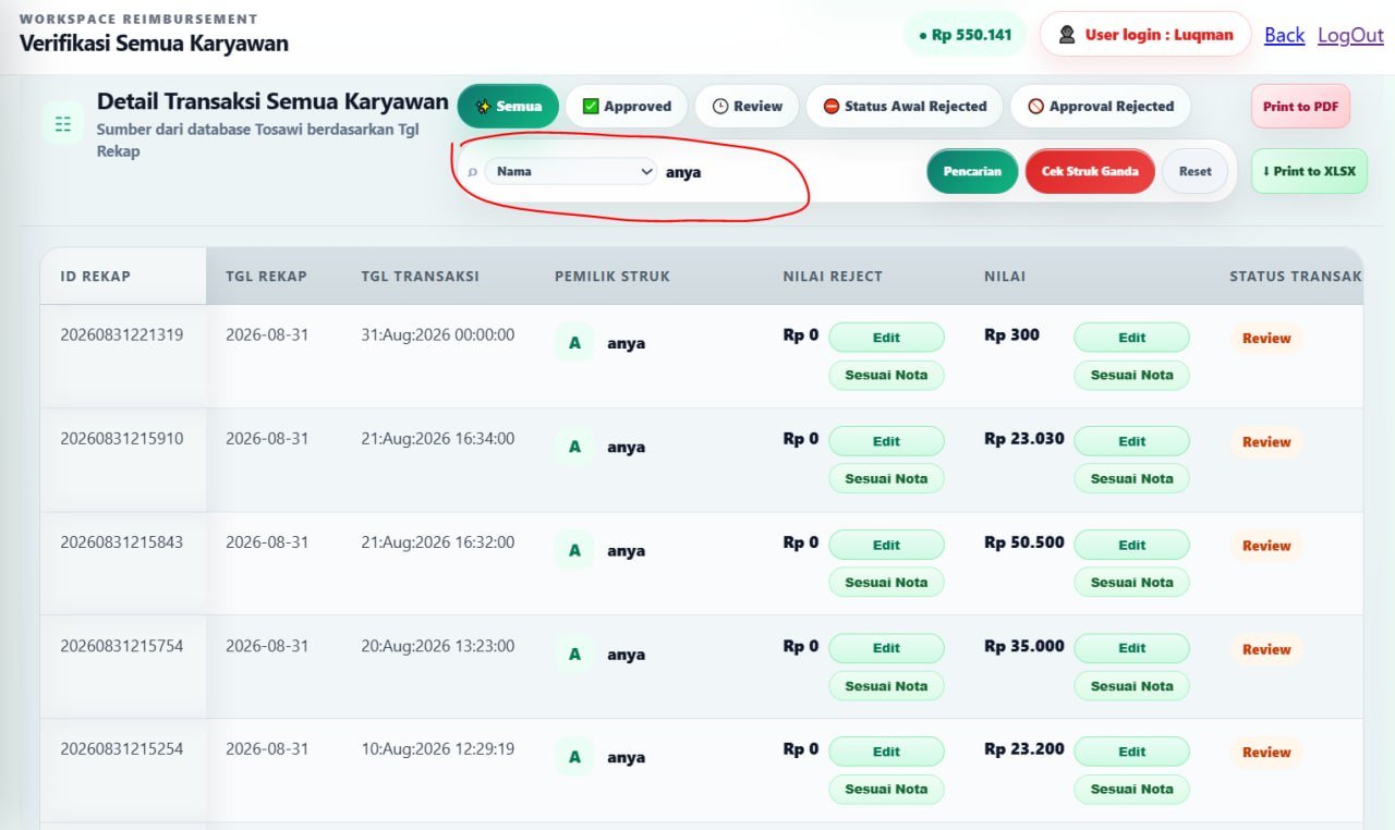 Pencarian data rekap berdasarkan nama karyawan Tosawi Digital