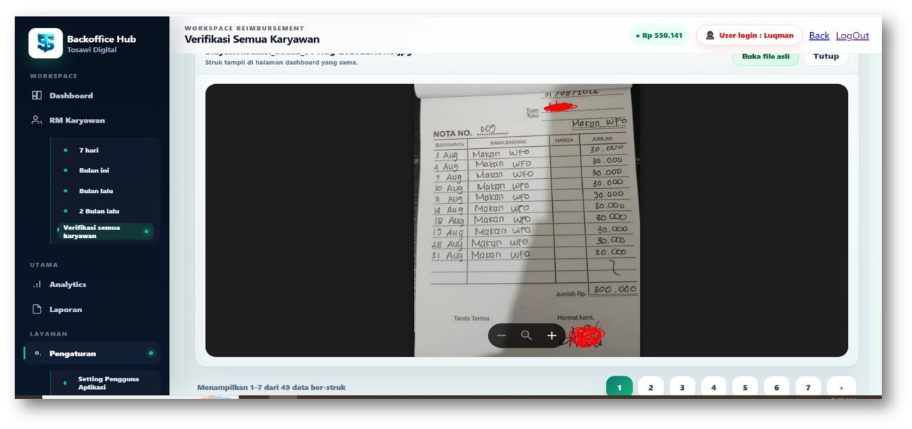 Preview nota reimbursement di dashboard Tosawi Digital