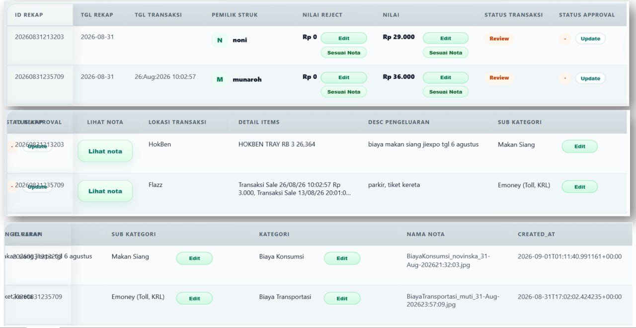 Visualisasi Kolom data rekap Reimbursement Tosawi Digital